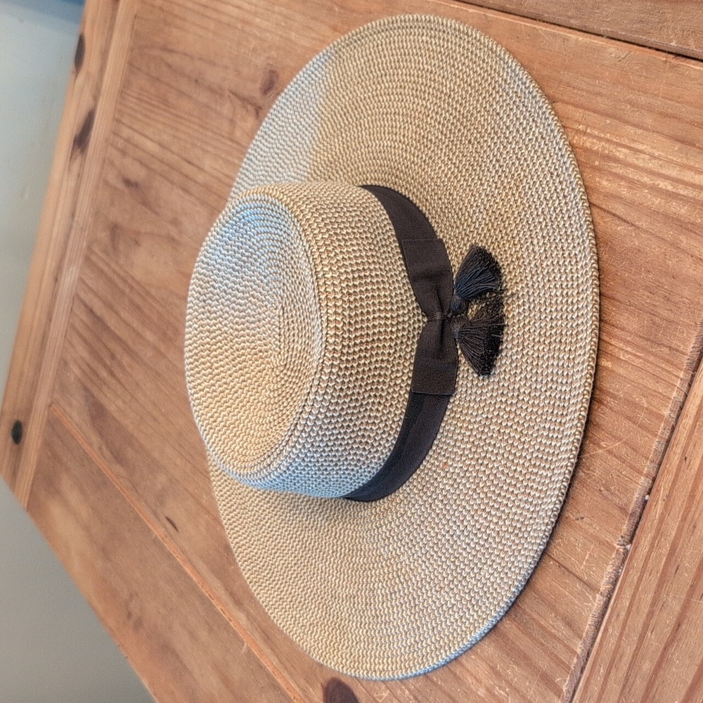 Nine West Woven Straw Boater Hat With Brown Grosgrain Tasseled Ribbon